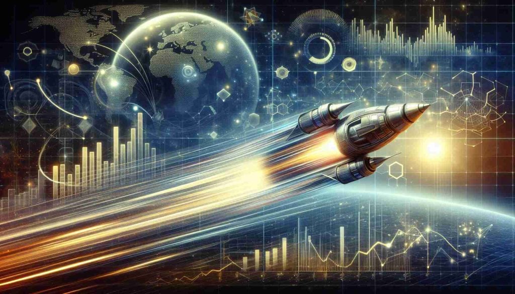 An accurate high-definition image representing the concept of technology company NVIDIA leading the market. This image could include a symbolic representation of NVIDIA as a fast, forward-moving entity, maybe in the form of a futuristic vehicle or a comet, speeding ahead on a road or through space respectively. The background could depict different indicators of the global markets such as bar charts, graphs, line charts showing market trends, and various national flags representing the diversity of the global market. What comes next is represented by a mysterious, uncharted terrain or space path the entity is heading into.