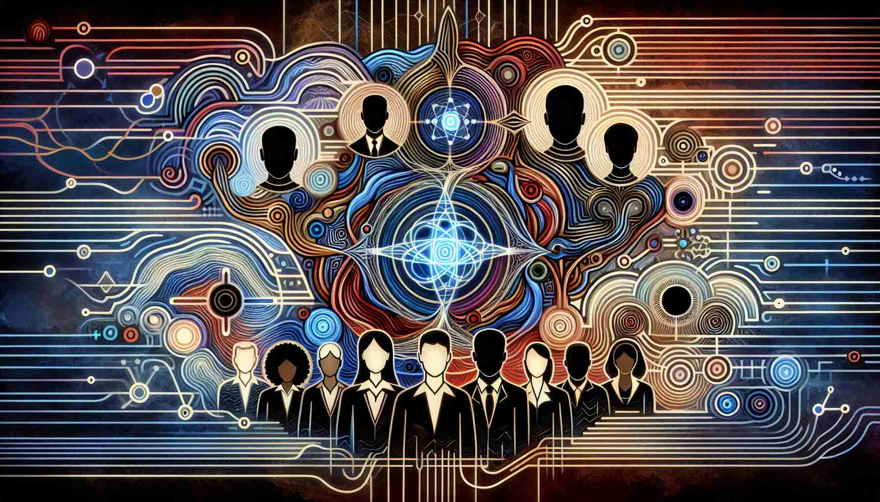 Visual representation of the new frontier in technology, referred to as Quantum Computing. Depict concepts such as quantum bits (qubits), superposition, and entanglement in an abstract and artistic way. Also feature unrelated gender-neutral individuals symbolizing leaders, representing the diversity in leadership such as Caucasians, Hispanics, Black, Middle-Eastern, and South Asian individuals, all working together in this evolving field.