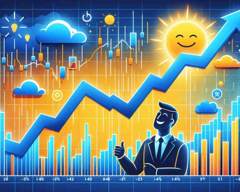 Generate a high-definition, realistic image that represents the concept of 'Energy Transfer'. The image should depict a graph with a noticeable dip indicating a stock decrease. Contrarily, the atmosphere should remain positive, perhaps via smiling analyst characters, optimistic imagery, a bright color palette, or positive symbols.