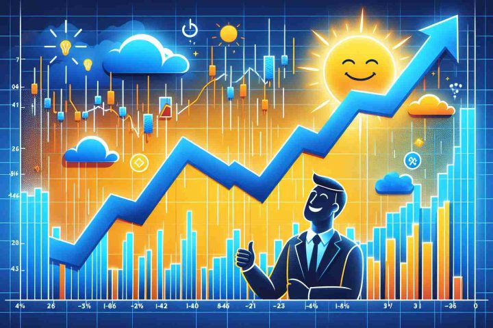 Generate a high-definition, realistic image that represents the concept of 'Energy Transfer'. The image should depict a graph with a noticeable dip indicating a stock decrease. Contrarily, the atmosphere should remain positive, perhaps via smiling analyst characters, optimistic imagery, a bright color palette, or positive symbols.