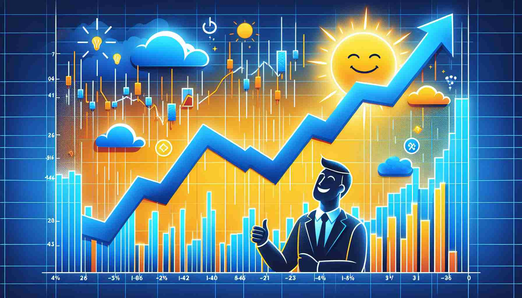 Generate a high-definition, realistic image that represents the concept of 'Energy Transfer'. The image should depict a graph with a noticeable dip indicating a stock decrease. Contrarily, the atmosphere should remain positive, perhaps via smiling analyst characters, optimistic imagery, a bright color palette, or positive symbols.