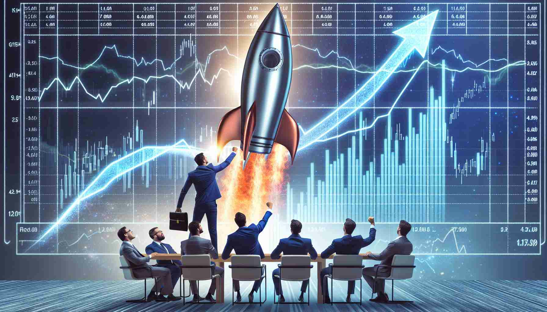 Create a high-definition, realistic image that visualizes the concept of a stock potentially skyrocketing. Ideally, include a metaphorical representation of an arrow or a rocket on the ascendant path on a detailed stock chart. Also, include a depiction of a bold prediction coming from an array of analysts who are possibly gathered around the hypothetical stock chart, enthusiastically pointing out the positive anomaly.