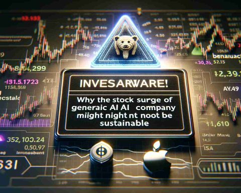 A realistic high-definition image, depicting a statement warning investors. The statement reads 'Investors Beware! Why the stock surge of a generic AI company might not be sustainable'. The warning seems to be spotlighted, while the background hosts symbols and graphs indicating stock market fluctuations and volatility. The presence of a bear icon also symbolizes bearish market sentiments.