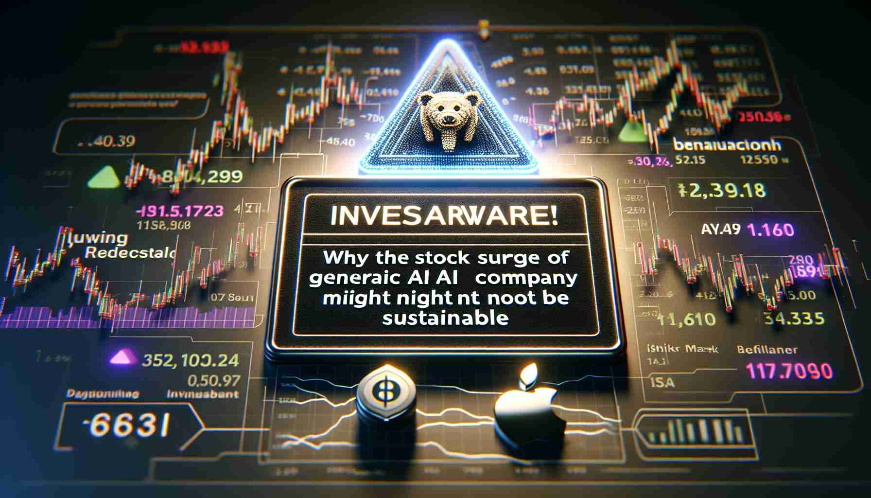 A realistic high-definition image, depicting a statement warning investors. The statement reads 'Investors Beware! Why the stock surge of a generic AI company might not be sustainable'. The warning seems to be spotlighted, while the background hosts symbols and graphs indicating stock market fluctuations and volatility. The presence of a bear icon also symbolizes bearish market sentiments.