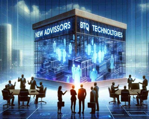 Generate a high-definition, realistic photo representing the concept of 'New Advisors, New Heights!'. BTQ Technologies is portrayed making a bold decision. Imagine a setting that could symbolize technological innovation and advancement. Picture a large, cutting-edge building branded with BTQ Technologies. Figures suggestive of advisors are in a meeting, brainstorming or discussing strategies. Making this scene expressive of a bold, forward-thinking move.