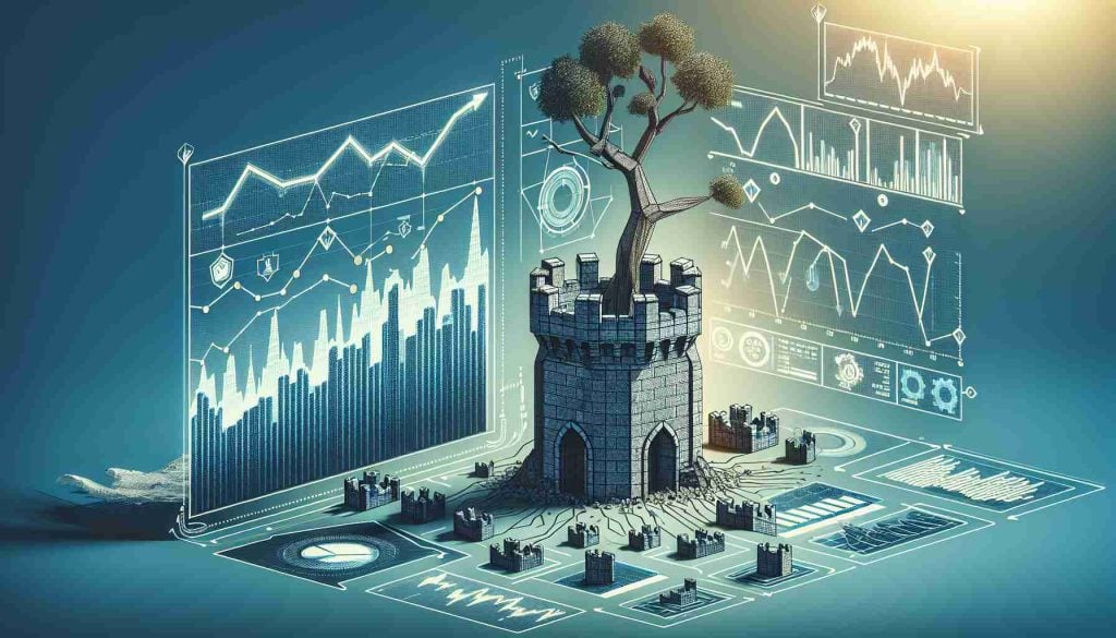 A detailed graphic representation showcasing the financial strength of a major technological corporation, including graphs, charts and information to indicate the company's stock dips and rises over a period of time. Also, portray visual metaphors such as a strong fortress or tree to represent the company's solid financial standing, despite occasional dips in stock prices.