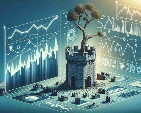 A detailed graphic representation showcasing the financial strength of a major technological corporation, including graphs, charts and information to indicate the company's stock dips and rises over a period of time. Also, portray visual metaphors such as a strong fortress or tree to represent the company's solid financial standing, despite occasional dips in stock prices.