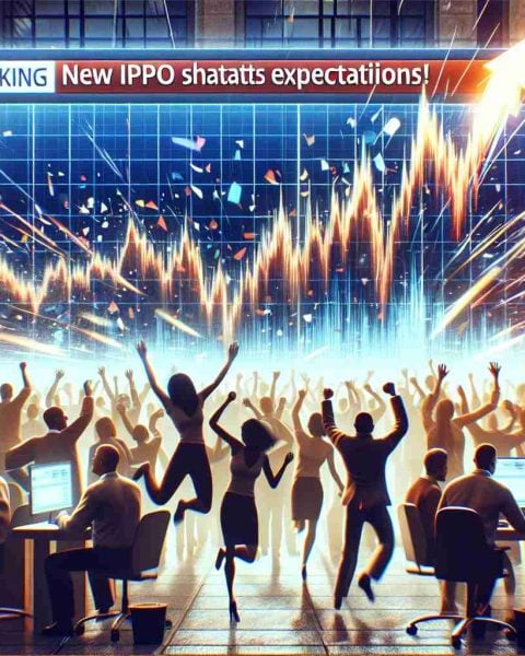 Generate a high definition, realistic image of a 'Breaking News' scenario: a dramatic, stylized stock market graph is skyrocketing on a large screen with the headline 'New IPO Shatters Expectations!'. Eager investors rush to their computers, visibly excited and optimistic. People of various genders, races, and ages are depicted, their expressions reflecting thrill, energy, and hope. Use a mix of warm and cool tones to enhance the excitement and urgency of the atmosphere.