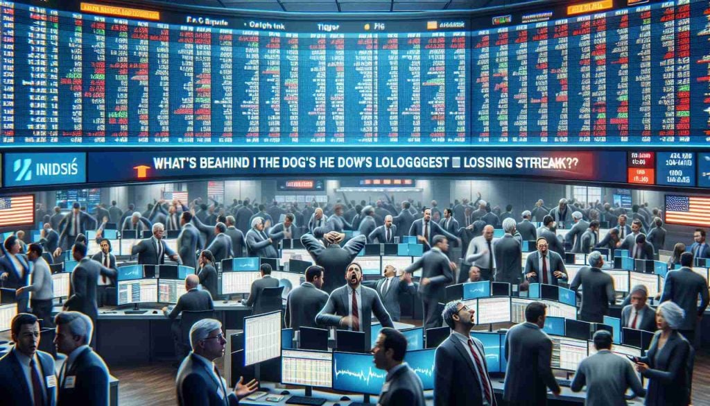 Realistic high resolution image of a chaotic day at the stock market, with traders on the floor looking stressed and frantic. Screens show the tickers of various companies, indicating a major drop in prices. Emphasize a sense of confusion and uncertainty to capture the anxiety caused by the Dow's longest losing streak. Include headlines on news screens in the background questioning 'What's Behind the Dow's longest losing streak?'