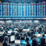 Realistic high resolution image of a chaotic day at the stock market, with traders on the floor looking stressed and frantic. Screens show the tickers of various companies, indicating a major drop in prices. Emphasize a sense of confusion and uncertainty to capture the anxiety caused by the Dow's longest losing streak. Include headlines on news screens in the background questioning 'What's Behind the Dow's longest losing streak?'