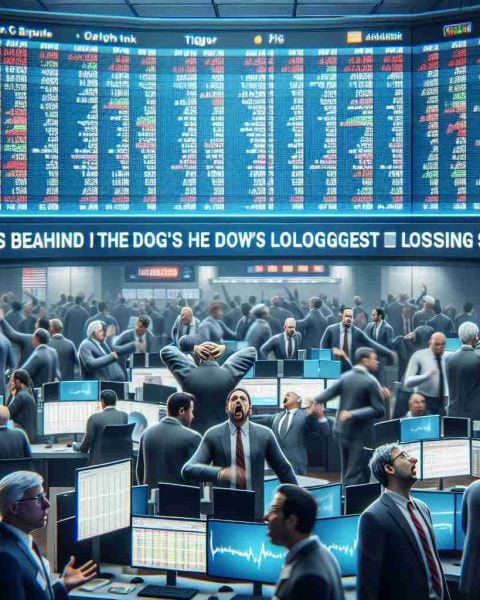 Realistic high resolution image of a chaotic day at the stock market, with traders on the floor looking stressed and frantic. Screens show the tickers of various companies, indicating a major drop in prices. Emphasize a sense of confusion and uncertainty to capture the anxiety caused by the Dow's longest losing streak. Include headlines on news screens in the background questioning 'What's Behind the Dow's longest losing streak?'