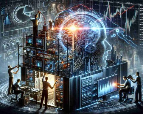 A high-definition, realistic image that represents the concept of a tech company, referred to as a metaphorical 'electronic powerhouse', ushering in an era of disruptive technologies supported by artificial intelligence. The concept also includes investors who are portrayed symbolically as preparing themselves for a major transformation in the economy. Show intense activity, like technicians working on advanced algorithms, stock market charts in fluctuation, and high-speed computing equipment.