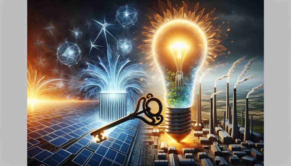 Create a representation of the concept 'Unlocking Tomorrow's Energy Today' as a symbolic key moving towards a radiant energy source, inciting the feel of limitless potential power. Pair this with an image of an abstractly designed, cutting-edge energy facility symbolizing Bloom Energy. In the same picture, include a less lit, fading light bulb, which represents NuScale. Make sure the overall picture conveys a comparison suggesting the superiority of one energy source over the other.