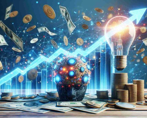 Generate a high-definition, realistic image representing a small artificial intelligence company experiencing rapid growth and progress. The scene should suggest a sense of revolutionary potential and financial opportunity, perhaps through visual metaphors such as skyrocketing graphs, light bulbs symbolizing innovation, or coins and bills representing potential wealth.