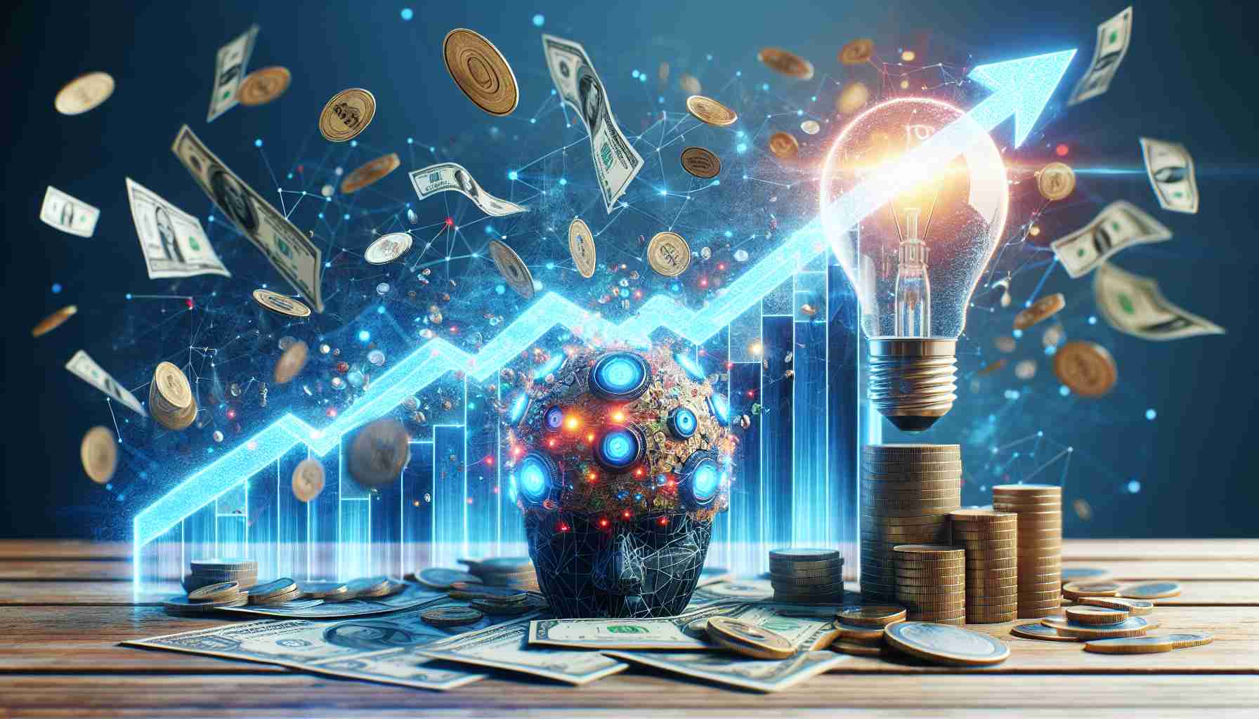 Generate a high-definition, realistic image representing a small artificial intelligence company experiencing rapid growth and progress. The scene should suggest a sense of revolutionary potential and financial opportunity, perhaps through visual metaphors such as skyrocketing graphs, light bulbs symbolizing innovation, or coins and bills representing potential wealth.