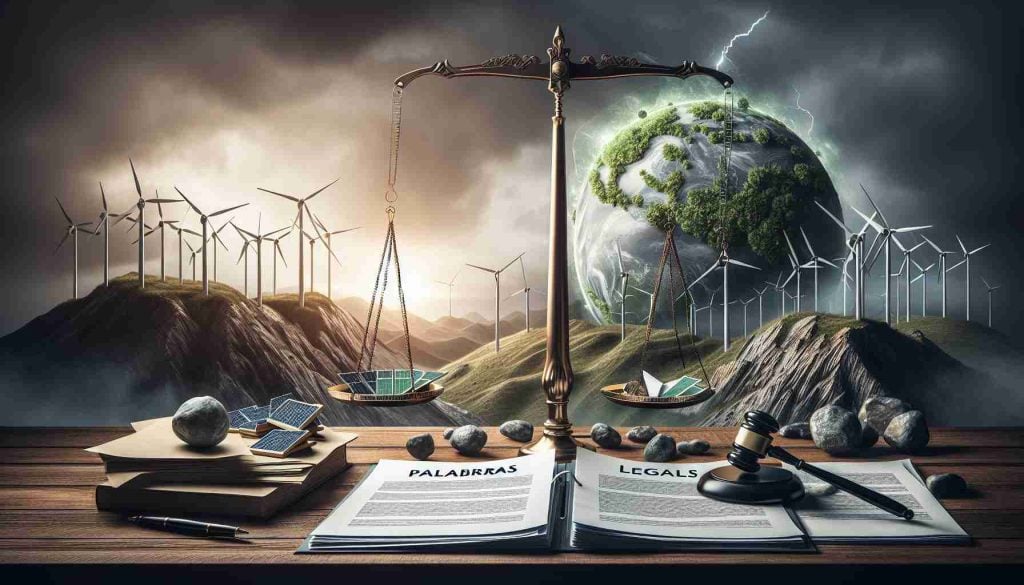 Create a realistic High Definition image that symbolizes a significant legal change that strongly impacts public enterprises. Design the foreground showing documents with palabras legales beside a balanced scale. In the background, show a rocky landscape metaphorically indicating the rocky status of these organizations. Further, incorporate elements that symbolize green energy like windmills, solar panels and globe in the background capturing the essence of gaining global attention towards renewable sources of energy.