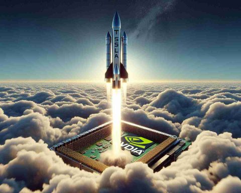 Generate a realistic high-definition image representing the concept of a surge alert. In this scene, Tesla can be represented as a rocket breaking through the clouds, reaching higher into the stratosphere. Simultaneously, show Nvidia as a different technological rocket that is struggling to maintain altitude, lagging behind the first one. Both rockets should have unique designs but do not reference any logos or trademarks associated with Tesla or Nvidia.