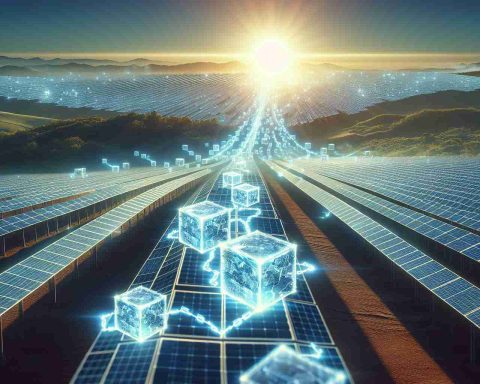 Realistic high-definition image showing the intersection of modern technology and sustainable energy. We see a representation of blockchain technology as chains of glowing digital blocks extending into the horizon. Rising from the same horizon, we see solar panels covering vast landscapes, reflecting the morning sun, symbolizing the rise of renewable solar energy. The overall imagery brings together the power of sustainable energy and the possibilities of modern technologies like blockchain.