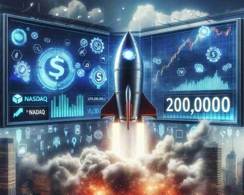 Create a realistic HD image of the NASDAQ index scoreboard displaying a value surpassing 20,000, with stunning symbols of technology-related rocket lifting off in the background. Also incorporate symbols or charts indicating a significant market surge, powered by unseen tech industry giants.