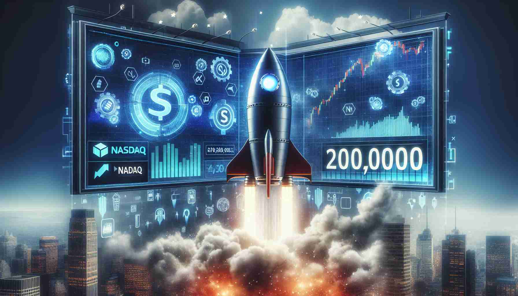 Create a realistic HD image of the NASDAQ index scoreboard displaying a value surpassing 20,000, with stunning symbols of technology-related rocket lifting off in the background. Also incorporate symbols or charts indicating a significant market surge, powered by unseen tech industry giants.