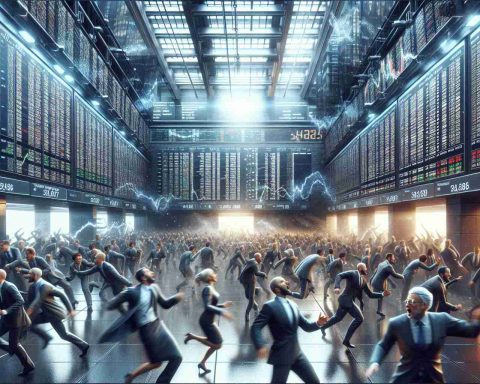 An incredibly detailed and photorealistic image featuring the bustling activity of a stock exchange. Imagine brokers of diverse descents and genders, some Caucasian, others Black, Middle-Eastern, and Hispanic, hustling under the illuminated digital boards that glow with a sea of numbers and graphs. There's a tangible air of surprise, denoted by their wide-eyed expressions and sudden gestures, as a new wave of activity hits the exchange. The picture captures the dramatic moment in high definition, effectively conveying the intensity, urgency, and high-stakes world of finance.