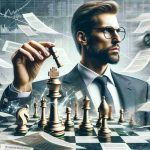 A high-definition, realistic image of a surprising and unexpected sequence of moves by a male Chief Financial Officer of a generic battery technology company. The image should depict him holding a symbolic chess piece that represents his strategic decision-making in the company, with a look of steady determination on his face. Across the background are scattered papers that represent important financial data, hinting at the knowledge and information that investors should be aware of.