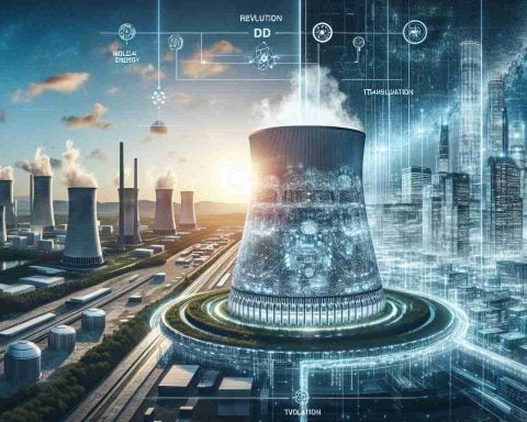 An HD image displaying the revolution in clean energy with a futuristic perspective. It illustrates a modular nuclear reactor, representative of design patterns by Oklo, set against an awe-inspiring backdrop of gleaming high-tech cityscape thriving with sustainable power. Please depict transitioning landscapes highlighting a past of conventional energy sources to a future powered by nuclear energy. Include cues like traditional power plants being replaced by advanced nuclear units. Embody optimism and progress in the scene while keeping a professional, realistic style.