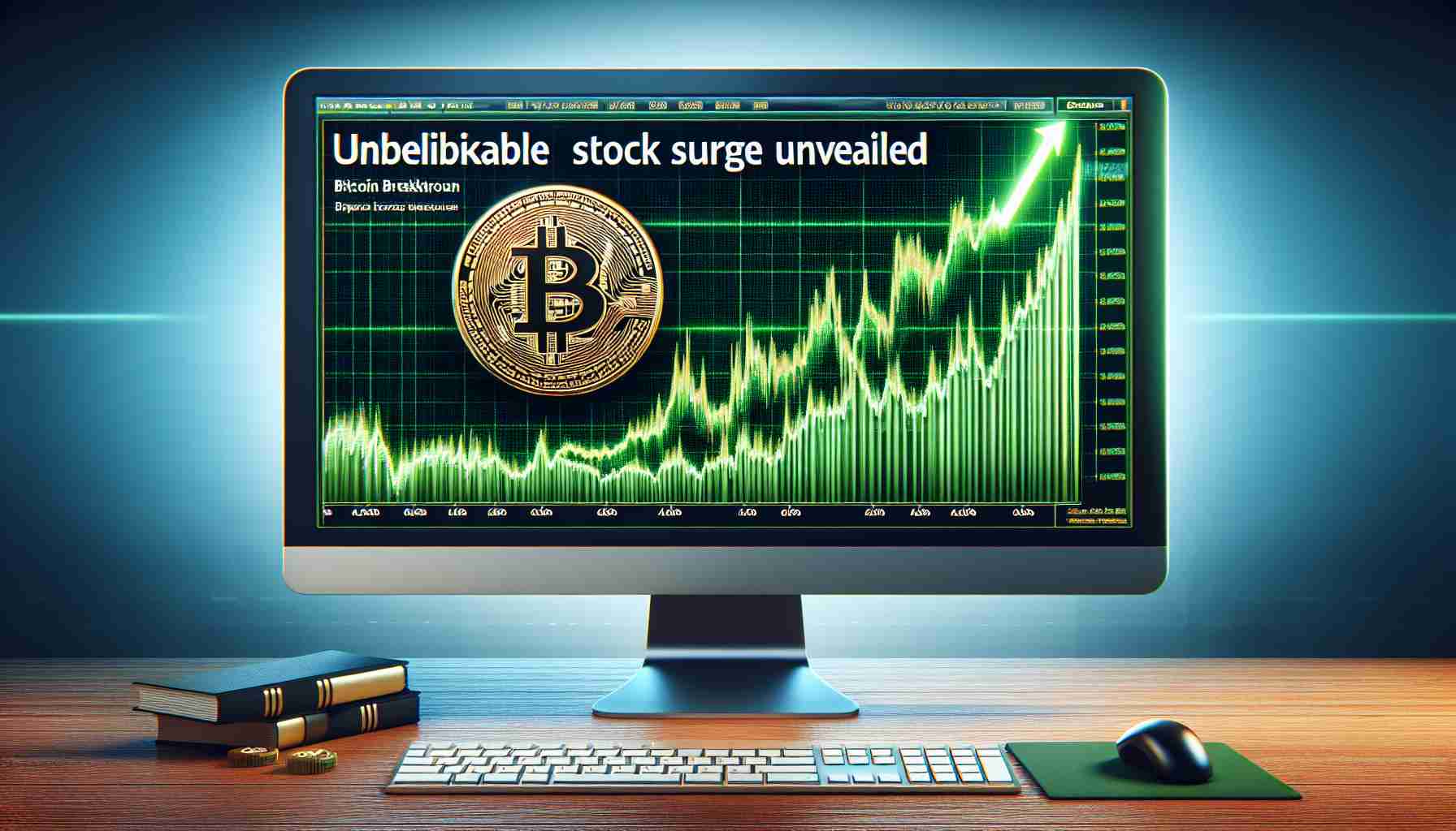 A highly detailed and realistic image of a Bitcoin breakthrough, represented as a computer screen with a graph displaying a significant surge in the stock market. The digital graph is mainly composed of green upward trending lines, with Bitcoin's logo clearly visible. The headline 'Unbelievable stock surge unveiled' is displayed in bold near the top of the image.