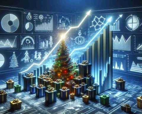 An HD realistic image illustrating the concept of extraordinary growth in a specific industry during the holiday season. Show multiple ascending graphs and charts demonstrating impressive progression. Add symbols associating to holidays like Christmas tree, gifts, etc. Include elements of shock and surprise.