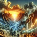 Generate a high-definition, detailed illustration symbolizing the concept of financial challenges faced by a hypothetical gas company and the emergence of new opportunities amidst a downturn in earnings. The scene should metaphorically display a rough terrain with steep hills and valleys, representing the company's fluctuating financial status. The sunrise breaking through the clouds signifies the emerging opportunities. Include a bar chart or line graph depicting a dip in the company's earnings.