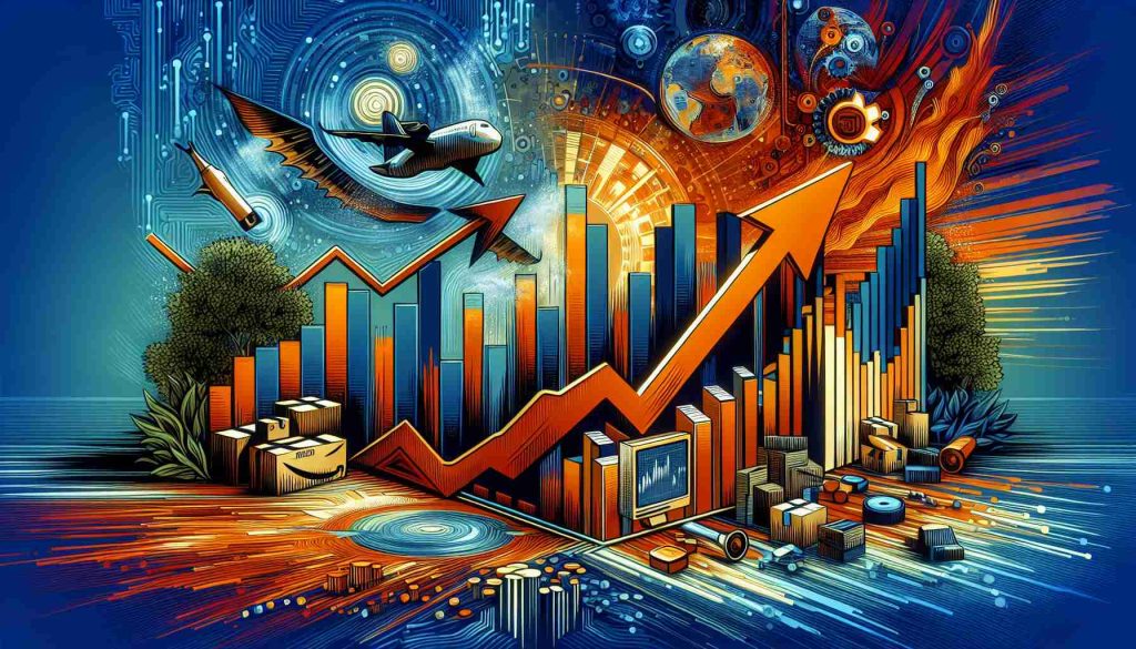 A vibrant, detailed illustration depicting the concept of Amazon's stock rising amidst industry challenges. The image is to showcase a metaphorical representation of the stock market with symbolic visual cues such as bar charts, line graphs indicating upward trends and images indicative of industry challenges such as fierce competition, technological disruptions, etc. However, no logos or specific references to Amazon should be used to maintain a neutral depiction.