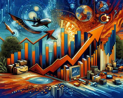 A vibrant, detailed illustration depicting the concept of Amazon's stock rising amidst industry challenges. The image is to showcase a metaphorical representation of the stock market with symbolic visual cues such as bar charts, line graphs indicating upward trends and images indicative of industry challenges such as fierce competition, technological disruptions, etc. However, no logos or specific references to Amazon should be used to maintain a neutral depiction.