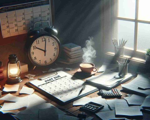 Create a smooth, high-definition digital image conveying the concept of missing a deadline. Include visuals such as a clock displaying a time past due, important papers scattered about unattended, and a calendar with a date circled in red or prominently marked. Show the scene in a way that communicates stress or urgency, yet also subtly suggests the possibility of resilience or recovery. This could be symbolized by an open window letting in daylight, a hot cup of coffee signifying the start of a new day, or a handwritten note bearing a hopeful message.