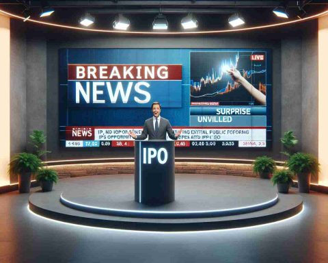 Realistic HD photograph of a breaking news scene. The news broadcast highlights an exciting development regarding an Initial Public Offering (IPO) opportunity, which is being unveiled as a surprise. The screen prominently displays words like 'Breaking News', 'Exciting IPO', and 'Surprise Unveiled' with a news anchor enthusiastically presenting the information. The studio decor conveys a sense of urgency and excitement.