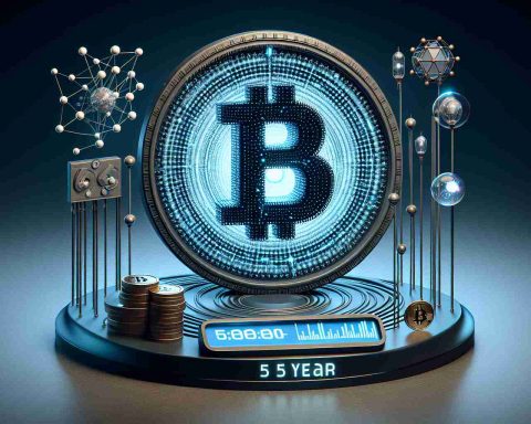 Produce an HD realistic image that portrays the essence of quantum computers being a potential threat to Bitcoin. The image should show a symbolic five-year countdown, implying the period that is hypothesized for quantum computers to become potent enough to challenge Bitcoin’s security. The image could include elements like a countdown timer, quantum computing representations, and symbols of Bitcoin.