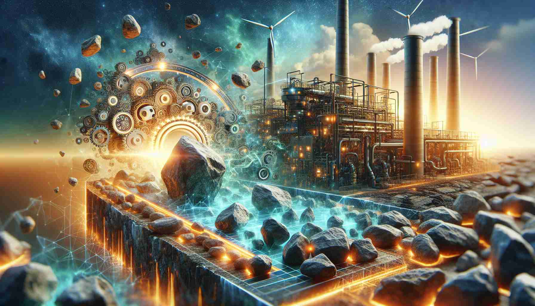 Generate a high-definition, realistic image that visually narrates the concept of how an obscure technology related to rocks is revolutionizing the energy sector, hence changing it for the better. The image may feature a range of varying sized rocks being used in a technologically advanced process to produce energy. A hint of sustainable energy production and revolution may also be subtly incorporated within the image.