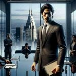 A photorealistic, high-definition depiction of a dramatic corporate showdown. The scene unfolds in a sleek, modern boardroom with glass walls reflecting the cityscape of Tokyo outside. In the foreground, a Japanese business executive, of Middle-Eastern descent, bearing an intense expression, stands holding a folder marked 'Bold Move'. His colleagues, a South Asian female and a Caucasian male are seen huddled in the background, their faces painted with a mix of shock, anticipation and apprehension.