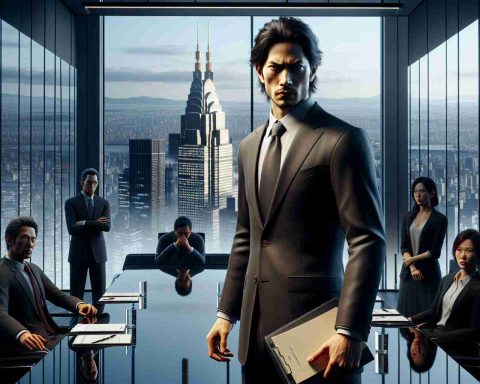 A photorealistic, high-definition depiction of a dramatic corporate showdown. The scene unfolds in a sleek, modern boardroom with glass walls reflecting the cityscape of Tokyo outside. In the foreground, a Japanese business executive, of Middle-Eastern descent, bearing an intense expression, stands holding a folder marked 'Bold Move'. His colleagues, a South Asian female and a Caucasian male are seen huddled in the background, their faces painted with a mix of shock, anticipation and apprehension.