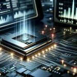 A high definition, realistic image of electronic technologies powers up, symbolizing the resurgence and progress of a leading technology company. The setting is highlighted by a sophisticated processor chip emblematic of the company's groundbreaking computational capabilities. The chip is sleek and modern, with intricate circuit paths that glow radiantly. LED lights flicker on the chip, indicating power and readiness. In the background, a digital display panel presents bold graphs and statistics, showing positive market trends and the significance of recent strategic moves.