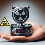 Create a hyper-realistic, high-definition image of a compact, cutting-edge nuclear technology. The device should be portrayed as small and sleek, encapsulating the concept of a 'Tiny Nuclear Marvel'. Alongside this, incorporate a sign of caution, such as a hazardous symbol or warning labels, to hint at the question of its safety.