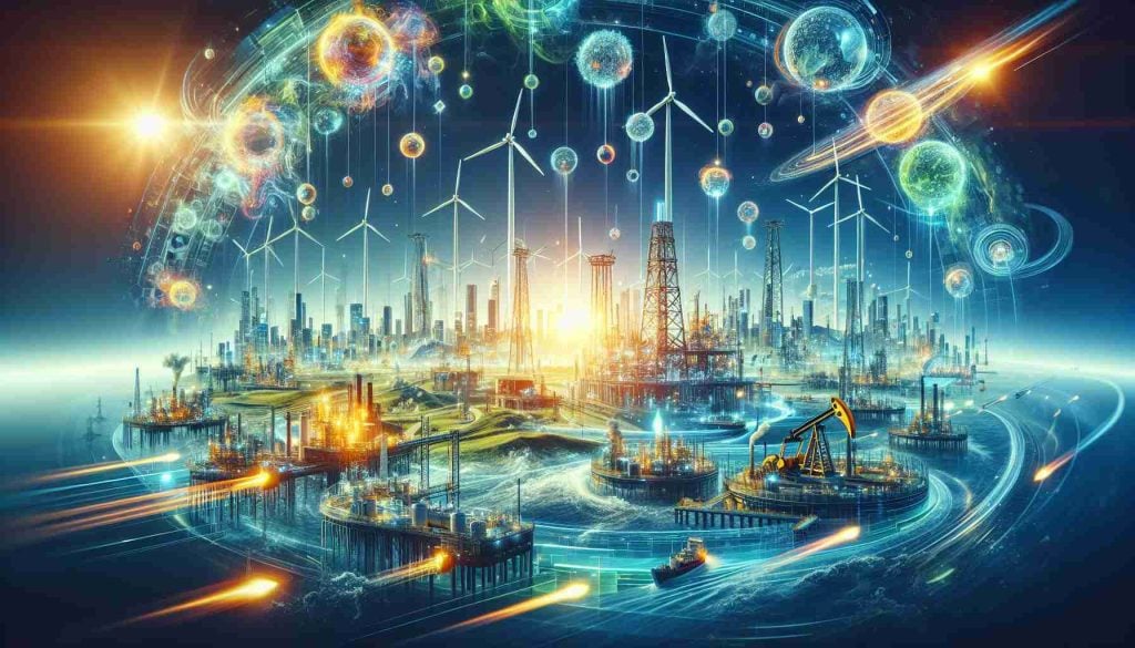 High-definition, realistic image of a conceptual representation of Kazakhstan's energy ambitions ushering in a new era of exploration and growth. Include elements such as futuristic green energy technologies, oil drilling platforms, bright cityscapes, and vast landscapes filled with wind turbines. Use bold and inspiring colors to evoke a feeling of progress and growth.