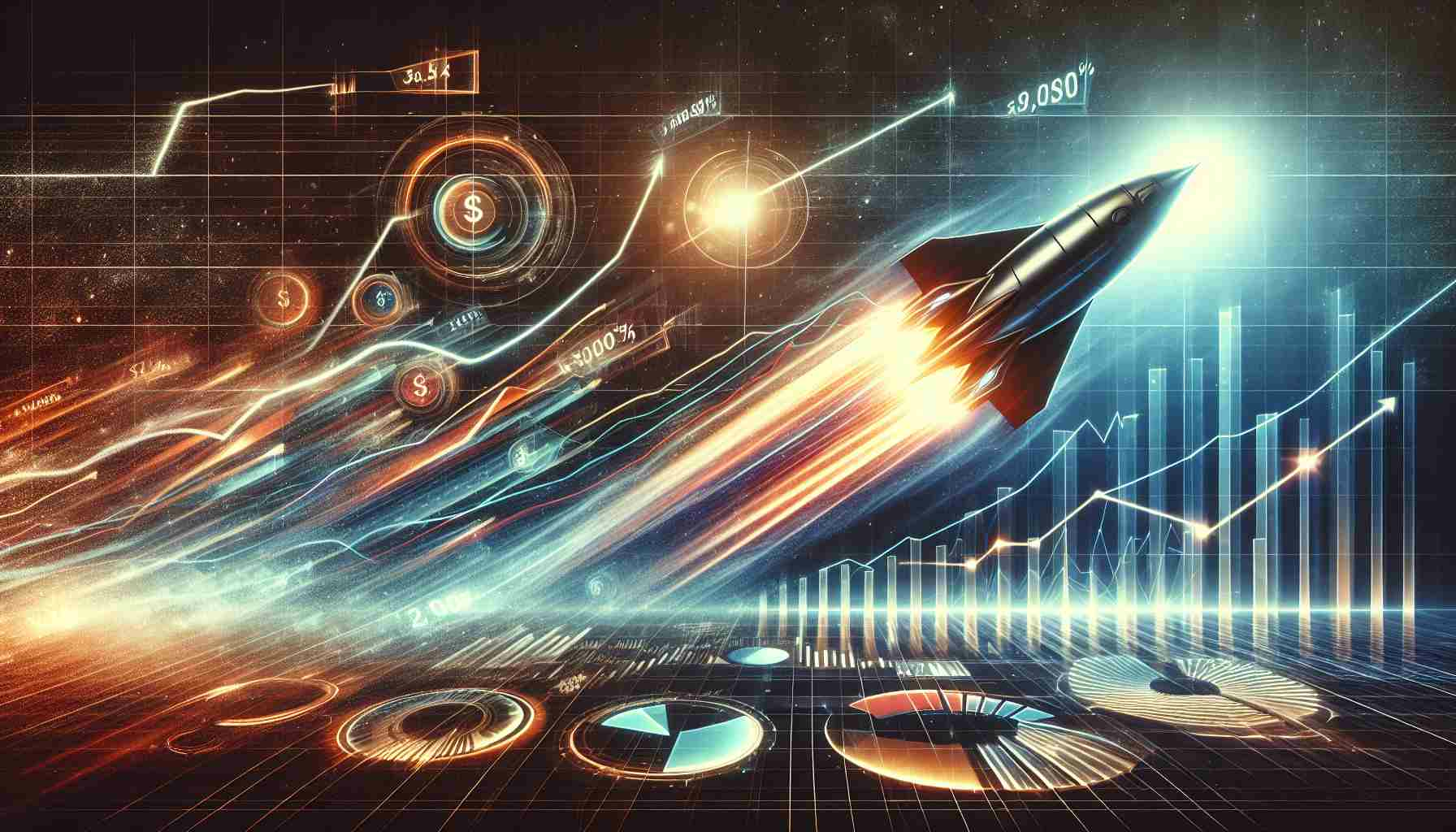 Generate a realistic, high-definition image depicting the concept of an 'Explosive Tech Leap'. Show a symbolic representation of a company's stock soaring over 3,000%, illustrated with a graph or chart showing a dramatic upward trend. Add elements that suggest the idea of speed, growth, and unstoppable momentum.