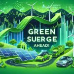 Illustrate a conceptual image showcasing the future of clean energy. The image should depict elements such as solar panels, wind turbines, and electric vehicles against a vibrant green backdrop symbolizing an eco-friendly future. The 'Green Surge Ahead!' should be boldly written towards the top in a dynamic and exciting font. Please add a few stock market charts and graphs subtly incorporated into the background to symbolize stock growth in the clean energy sector. The overall feel should be optimistic, forward-looking, and 'clean', communicating the bright future of renewable energy stocks.