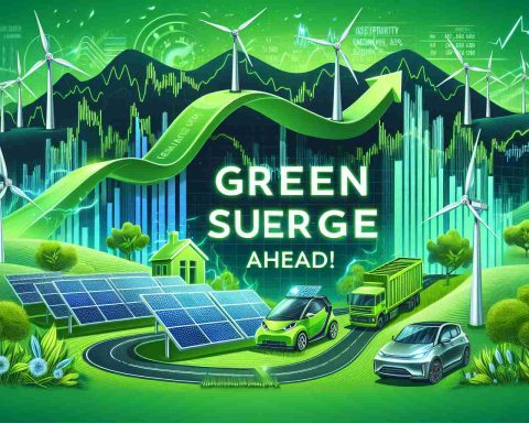 Illustrate a conceptual image showcasing the future of clean energy. The image should depict elements such as solar panels, wind turbines, and electric vehicles against a vibrant green backdrop symbolizing an eco-friendly future. The 'Green Surge Ahead!' should be boldly written towards the top in a dynamic and exciting font. Please add a few stock market charts and graphs subtly incorporated into the background to symbolize stock growth in the clean energy sector. The overall feel should be optimistic, forward-looking, and 'clean', communicating the bright future of renewable energy stocks.