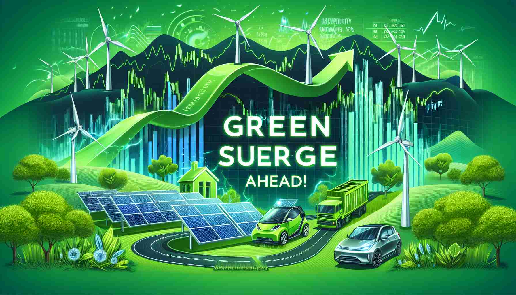 Illustrate a conceptual image showcasing the future of clean energy. The image should depict elements such as solar panels, wind turbines, and electric vehicles against a vibrant green backdrop symbolizing an eco-friendly future. The 'Green Surge Ahead!' should be boldly written towards the top in a dynamic and exciting font. Please add a few stock market charts and graphs subtly incorporated into the background to symbolize stock growth in the clean energy sector. The overall feel should be optimistic, forward-looking, and 'clean', communicating the bright future of renewable energy stocks.