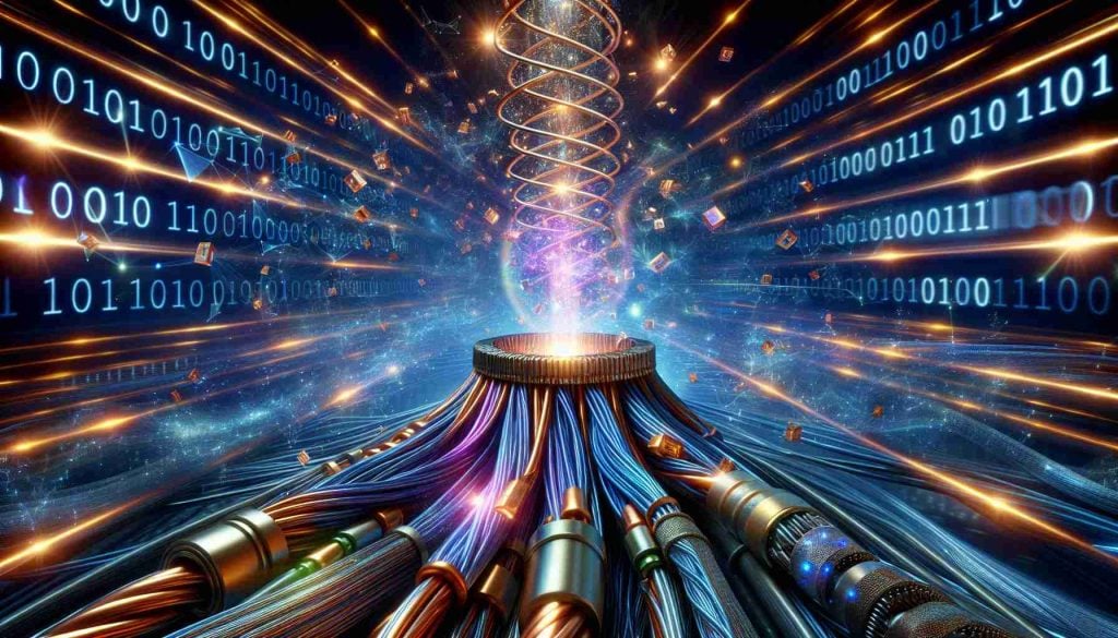 High definition, photo-realistic image of a conceptual portrayal of quantum magic occurring over the internet. This could include binary code being converted into shimmering sparks before vanishing, signifying the 'teleportation'. Classic cables of copper and rubber zinging with bands of light symbolizing the rapid data transmission, and vibrant beams emitting from the center of the screen as a sign of the incredible quantum entanglement.