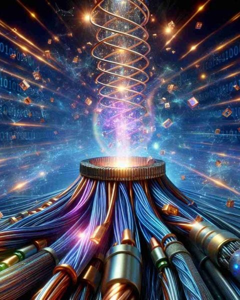 High definition, photo-realistic image of a conceptual portrayal of quantum magic occurring over the internet. This could include binary code being converted into shimmering sparks before vanishing, signifying the 'teleportation'. Classic cables of copper and rubber zinging with bands of light symbolizing the rapid data transmission, and vibrant beams emitting from the center of the screen as a sign of the incredible quantum entanglement.