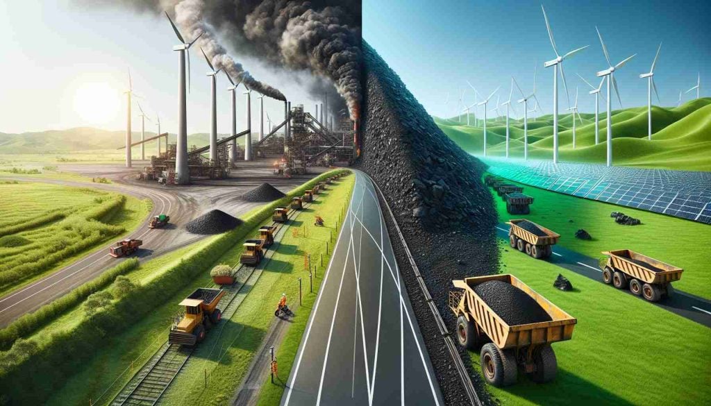 A realistic, high-definition image showing the juxtaposition of two energy sources. On one side, there is a traditional coal mine representative of Coal India, with miners at work, coal carts filled with gleaming black rocks, and smoke billowing from chimneys. On the other side, there is a vibrant green landscape with advanced wind turbines and solar panels dotting the field, signalling a bright future in green energy. The divide is marked by a race track, with the potentially surprising aspect being coal's entry into the renewable energy race.