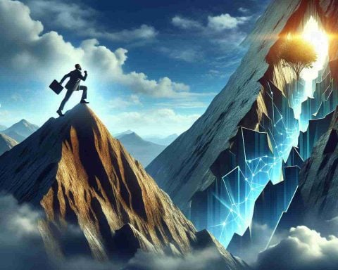 Generate a high-definition, realistic image illustrating an impressive growth or ascension to success, but with a hidden, unforeseen peril lurking unseen. This can be metaphorically represented such as a person, showing great achievement or climbing a high mountain, yet a concealed chasm or precipice lies in their path to represent the risk element.