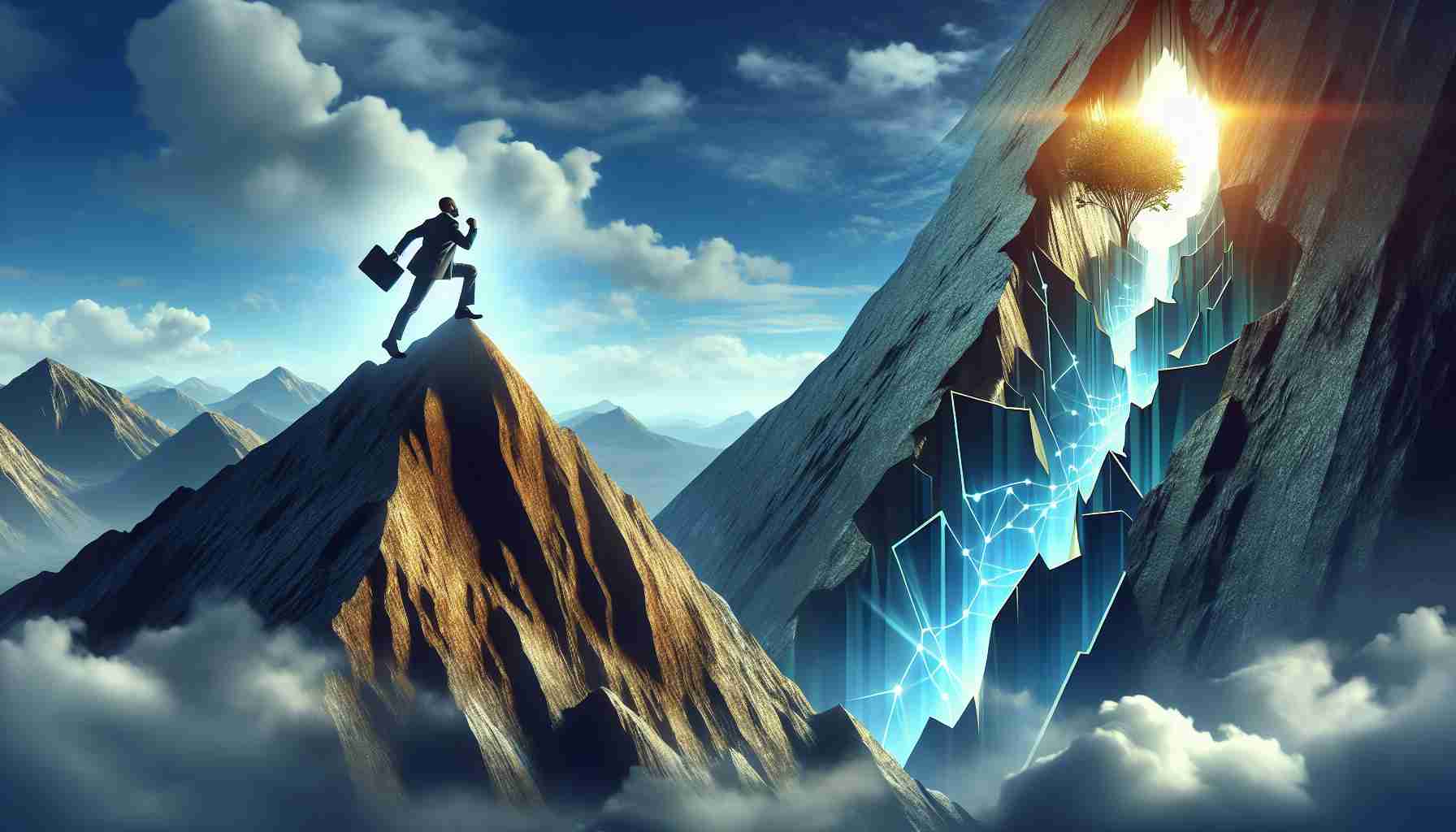 Generate a high-definition, realistic image illustrating an impressive growth or ascension to success, but with a hidden, unforeseen peril lurking unseen. This can be metaphorically represented such as a person, showing great achievement or climbing a high mountain, yet a concealed chasm or precipice lies in their path to represent the risk element.